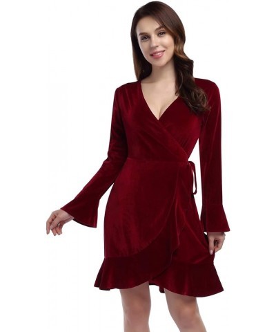 Women's V Neck Velvet Formal Elegant Evening Party Mini Dress Velvet Ruffle Maroon $18.90 Dresses