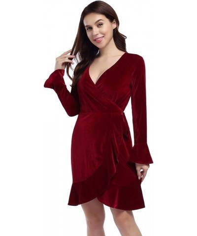 Women's V Neck Velvet Formal Elegant Evening Party Mini Dress Velvet Ruffle Maroon $18.90 Dresses