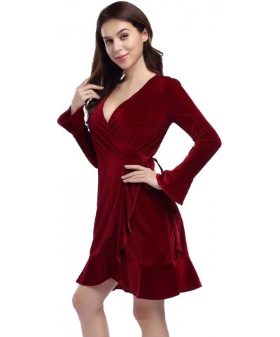 Women's V Neck Velvet Formal Elegant Evening Party Mini Dress Velvet Ruffle Maroon $18.90 Dresses