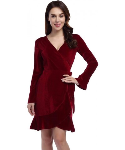 Women's V Neck Velvet Formal Elegant Evening Party Mini Dress Velvet Ruffle Maroon $18.90 Dresses