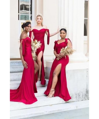 Off Shoulder Bridesmaid Dresses 2024 Satin Mermaid Prom Dress with Slit Ruched Long Formal Gowns Red $40.32 Dresses