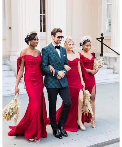 Off Shoulder Bridesmaid Dresses 2024 Satin Mermaid Prom Dress with Slit Ruched Long Formal Gowns Red $40.32 Dresses