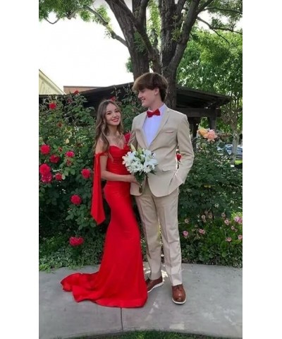 Off Shoulder Bridesmaid Dresses 2024 Satin Mermaid Prom Dress with Slit Ruched Long Formal Gowns Red $40.32 Dresses