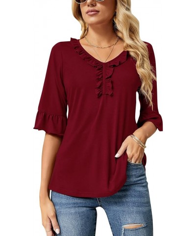 Women's Casual V Neck T Shirts Loose Summer 3/4 Bell Sleeve/Puff Long Sleeve Tops Ruffle Tunic Blouses Red $8.18 Tops