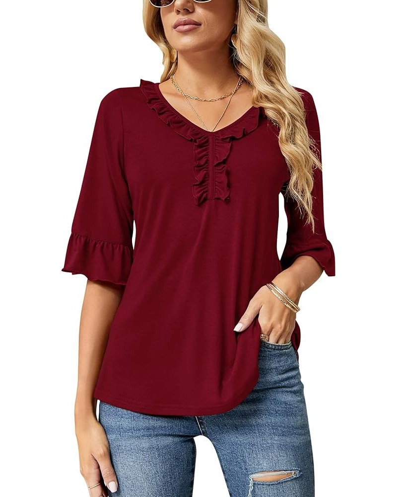 Women's Casual V Neck T Shirts Loose Summer 3/4 Bell Sleeve/Puff Long Sleeve Tops Ruffle Tunic Blouses Red $8.18 Tops