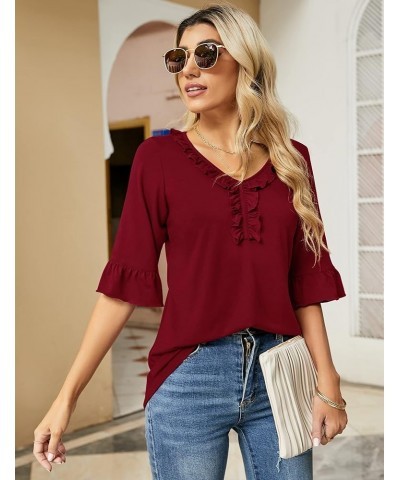 Women's Casual V Neck T Shirts Loose Summer 3/4 Bell Sleeve/Puff Long Sleeve Tops Ruffle Tunic Blouses Red $8.18 Tops