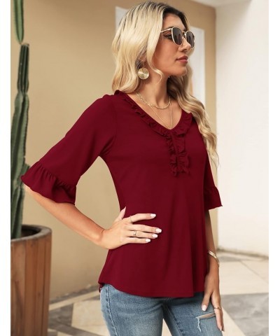 Women's Casual V Neck T Shirts Loose Summer 3/4 Bell Sleeve/Puff Long Sleeve Tops Ruffle Tunic Blouses Red $8.18 Tops