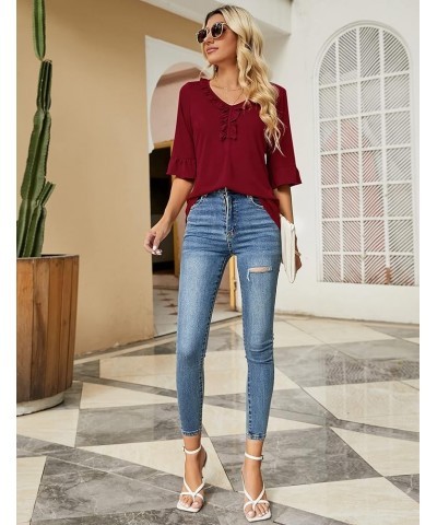 Women's Casual V Neck T Shirts Loose Summer 3/4 Bell Sleeve/Puff Long Sleeve Tops Ruffle Tunic Blouses Red $8.18 Tops