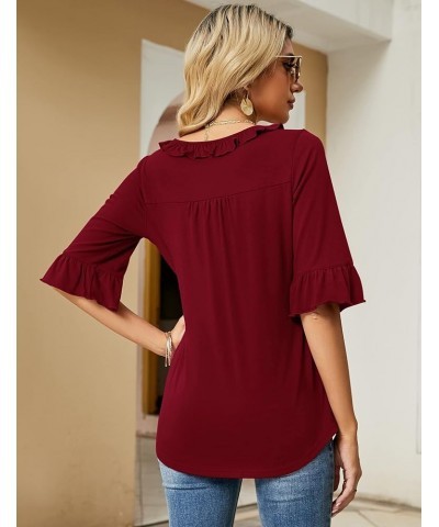 Women's Casual V Neck T Shirts Loose Summer 3/4 Bell Sleeve/Puff Long Sleeve Tops Ruffle Tunic Blouses Red $8.18 Tops