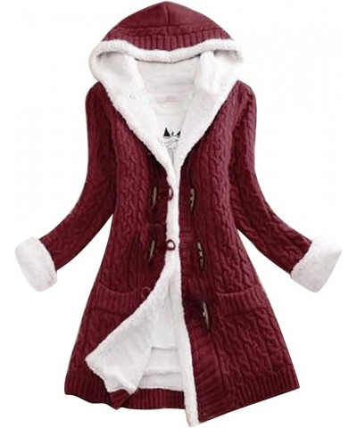 Women Casual Knit Button Long Sleeve Thick Warm Hooded Cardigan Coat Loose Long Sleeve Knit Lightweight Cardigans Wine $27.66...