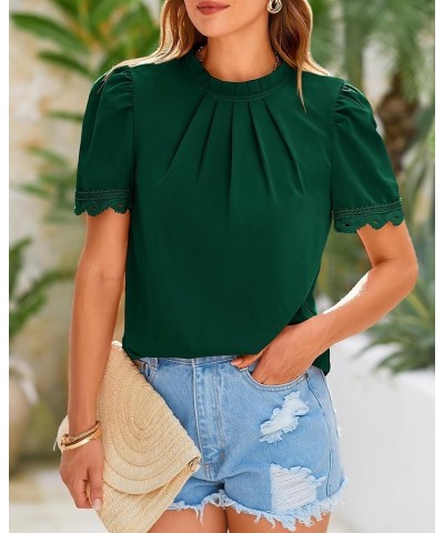 Women's Spring Tops 2024 Pleated Mock Neck Lace Trim Short Sleeve Summer Shirts Dressy Casual Top Blouse Shirt Solid Dark Gre...