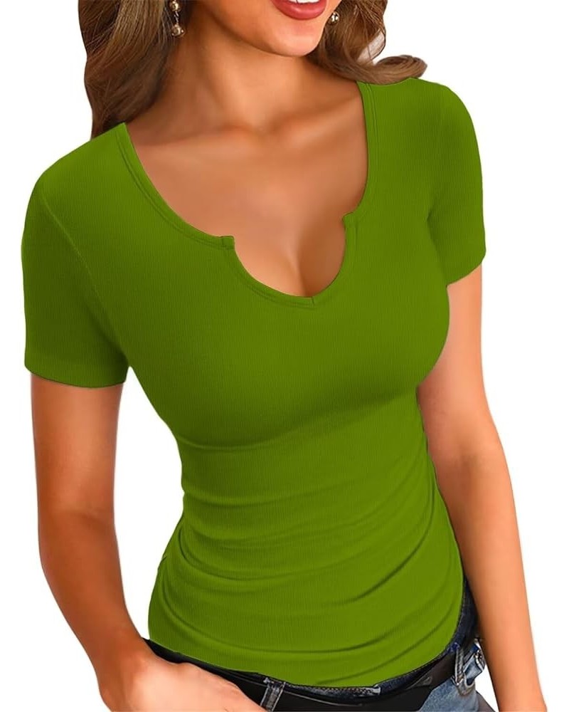 Womens Tops V Neck Summer Short Sleeve Casual Slim Fitted Tshirt Short Sleeve Mustard Green $11.39 T-Shirts