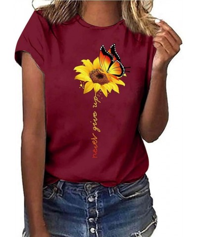 Sunflower Graphic Summer T Shirt Plus Size Loose Blouse Tops Girl Short Sleeve Cute Casual Tees Wine Red $10.07 Blouses