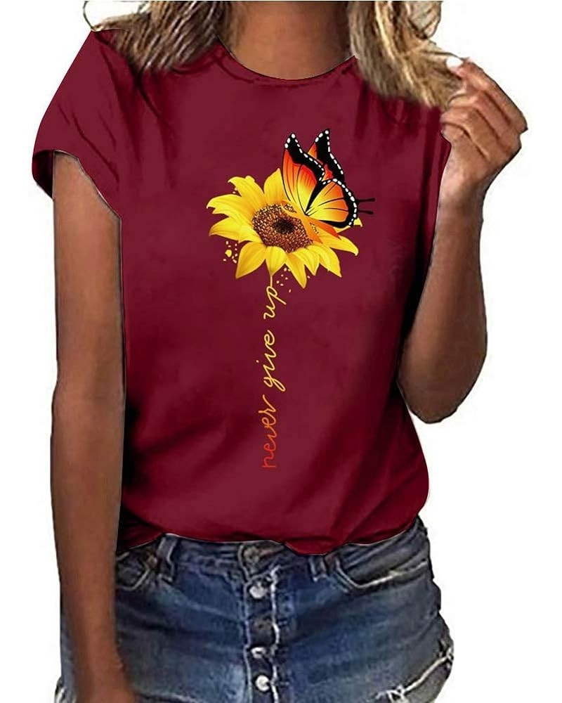 Sunflower Graphic Summer T Shirt Plus Size Loose Blouse Tops Girl Short Sleeve Cute Casual Tees Wine Red $10.07 Blouses