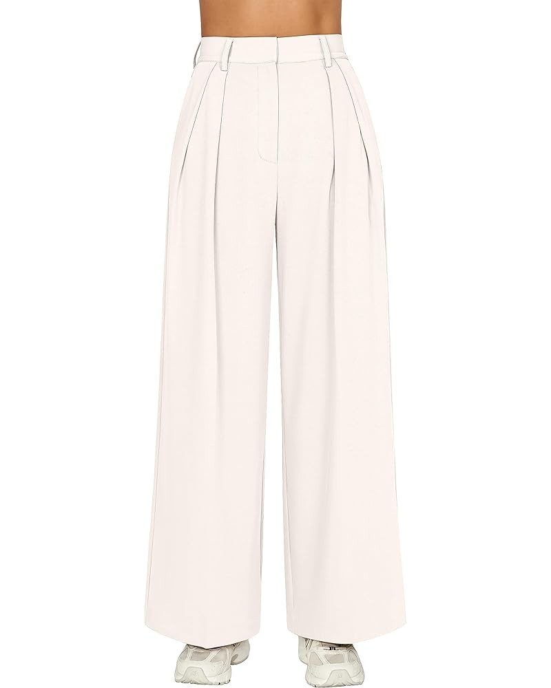 Women's Loose Fit High Elastic Waisted Wide Leg Straight Long Trousers Suit Pants Beige $20.71 Pants