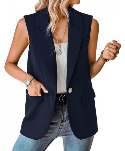 Women's Sleeveless Blazer Vest Casual Open Front Button Vest Lapel Office Cardigan Blazer With Pockets Dark Blue $21.15 Vests