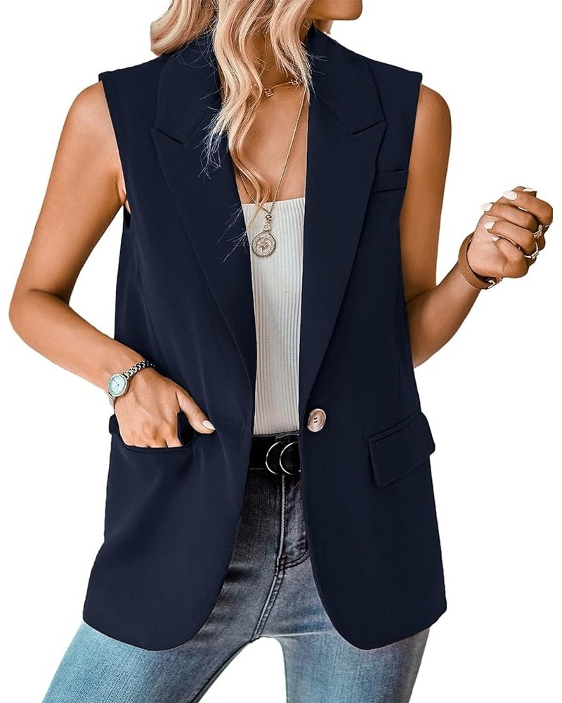 Women's Sleeveless Blazer Vest Casual Open Front Button Vest Lapel Office Cardigan Blazer With Pockets Dark Blue $21.15 Vests