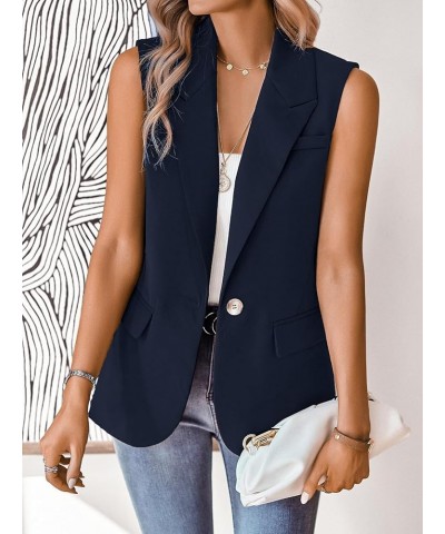 Women's Sleeveless Blazer Vest Casual Open Front Button Vest Lapel Office Cardigan Blazer With Pockets Dark Blue $21.15 Vests