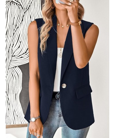 Women's Sleeveless Blazer Vest Casual Open Front Button Vest Lapel Office Cardigan Blazer With Pockets Dark Blue $21.15 Vests