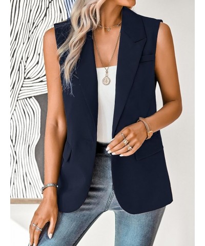 Women's Sleeveless Blazer Vest Casual Open Front Button Vest Lapel Office Cardigan Blazer With Pockets Dark Blue $21.15 Vests