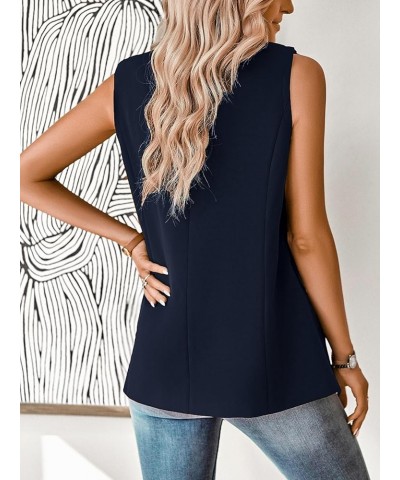 Women's Sleeveless Blazer Vest Casual Open Front Button Vest Lapel Office Cardigan Blazer With Pockets Dark Blue $21.15 Vests