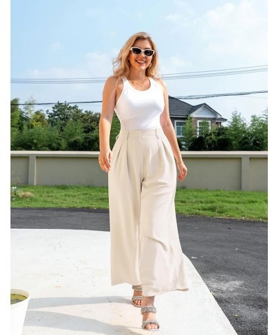 Women's Loose Fit High Elastic Waisted Wide Leg Straight Long Trousers Suit Pants Beige $20.71 Pants