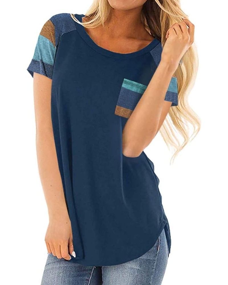 Women's Casual Short Sleeve Color Block Shirts Striped Tops Blouses with Pocket Navy Blue $11.33 Tops