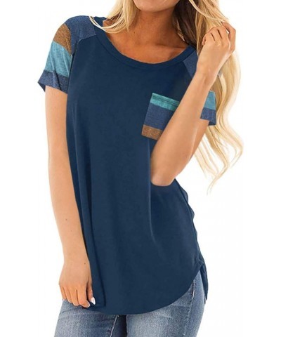 Women's Casual Short Sleeve Color Block Shirts Striped Tops Blouses with Pocket Navy Blue $11.33 Tops