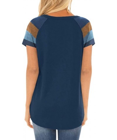 Women's Casual Short Sleeve Color Block Shirts Striped Tops Blouses with Pocket Navy Blue $11.33 Tops