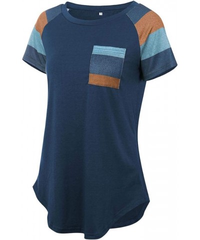 Women's Casual Short Sleeve Color Block Shirts Striped Tops Blouses with Pocket Navy Blue $11.33 Tops