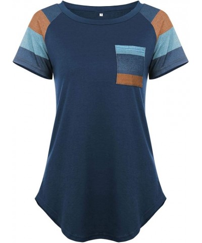 Women's Casual Short Sleeve Color Block Shirts Striped Tops Blouses with Pocket Navy Blue $11.33 Tops