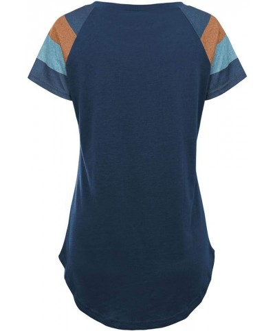 Women's Casual Short Sleeve Color Block Shirts Striped Tops Blouses with Pocket Navy Blue $11.33 Tops