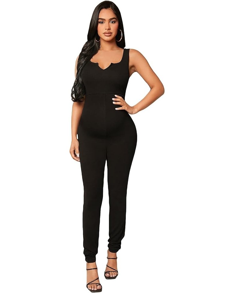 Women's Maternity Scoop Neck Sleeveless Drawstring Waist Pants Romper Jumpsuit Black Solid $19.94 Jumpsuits