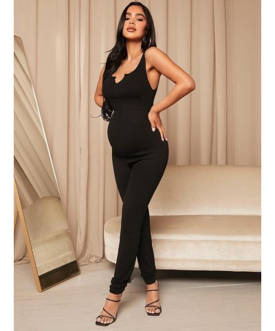 Women's Maternity Scoop Neck Sleeveless Drawstring Waist Pants Romper Jumpsuit Black Solid $19.94 Jumpsuits