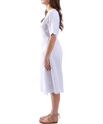 Womens Pure Linen Summer Short Sleeve Wrap Midi Dresses with Pockets White $25.91 Dresses