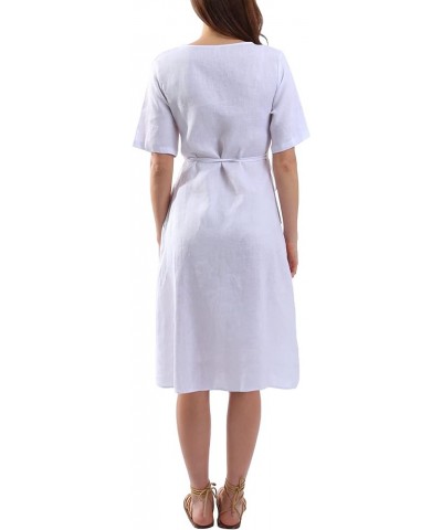 Womens Pure Linen Summer Short Sleeve Wrap Midi Dresses with Pockets White $25.91 Dresses