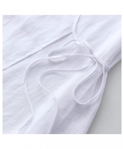 Womens Pure Linen Summer Short Sleeve Wrap Midi Dresses with Pockets White $25.91 Dresses