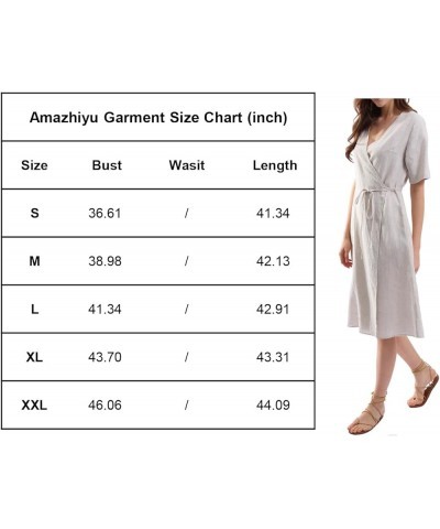 Womens Pure Linen Summer Short Sleeve Wrap Midi Dresses with Pockets White $25.91 Dresses