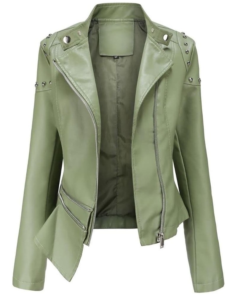 Women's Punk Rivet PU Jacket Long Sleeve Zip Up Faux Leather Moto Coat Bomber Jackets Green $23.65 Coats