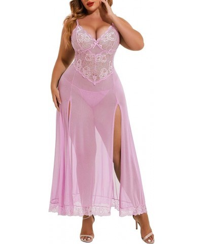 Plus Size Lingerie For Women Babydoll Sexy Mesh Maxi Nightdress Strappy Exotic Sleepwear Side Slits Pink $10.21 Lingerie