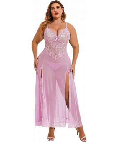 Plus Size Lingerie For Women Babydoll Sexy Mesh Maxi Nightdress Strappy Exotic Sleepwear Side Slits Pink $10.21 Lingerie