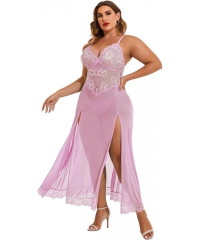 Plus Size Lingerie For Women Babydoll Sexy Mesh Maxi Nightdress Strappy Exotic Sleepwear Side Slits Pink $10.21 Lingerie