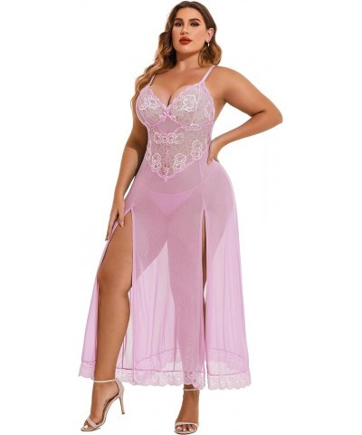 Plus Size Lingerie For Women Babydoll Sexy Mesh Maxi Nightdress Strappy Exotic Sleepwear Side Slits Pink $10.21 Lingerie