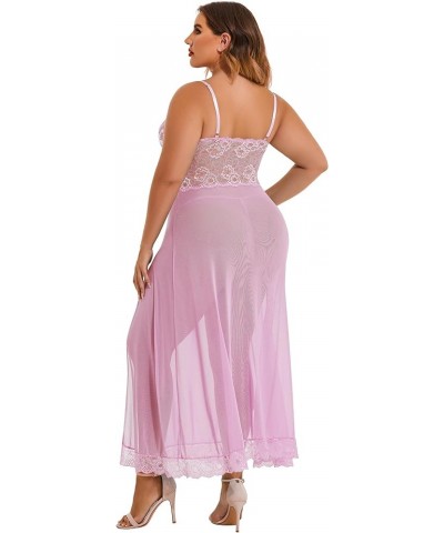 Plus Size Lingerie For Women Babydoll Sexy Mesh Maxi Nightdress Strappy Exotic Sleepwear Side Slits Pink $10.21 Lingerie