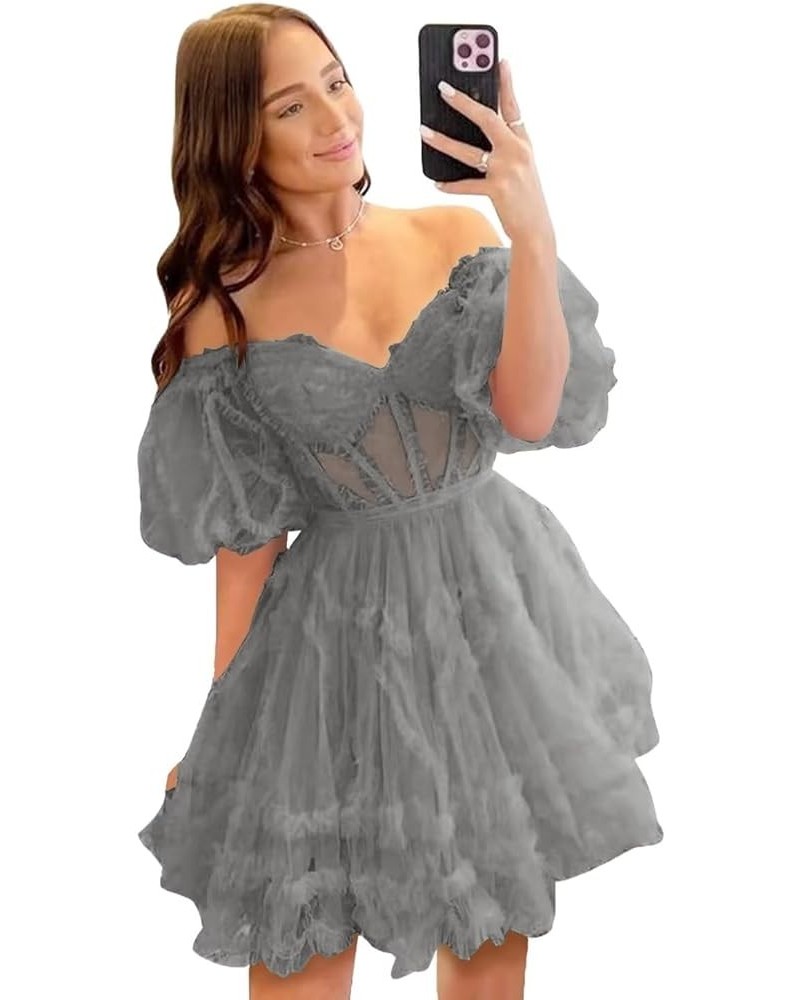 Tulle Homecoming Dresses 2024 Puffy Sleeves Layered Short Dresses Formal Cocktail Party Gowns Grey $25.80 Dresses