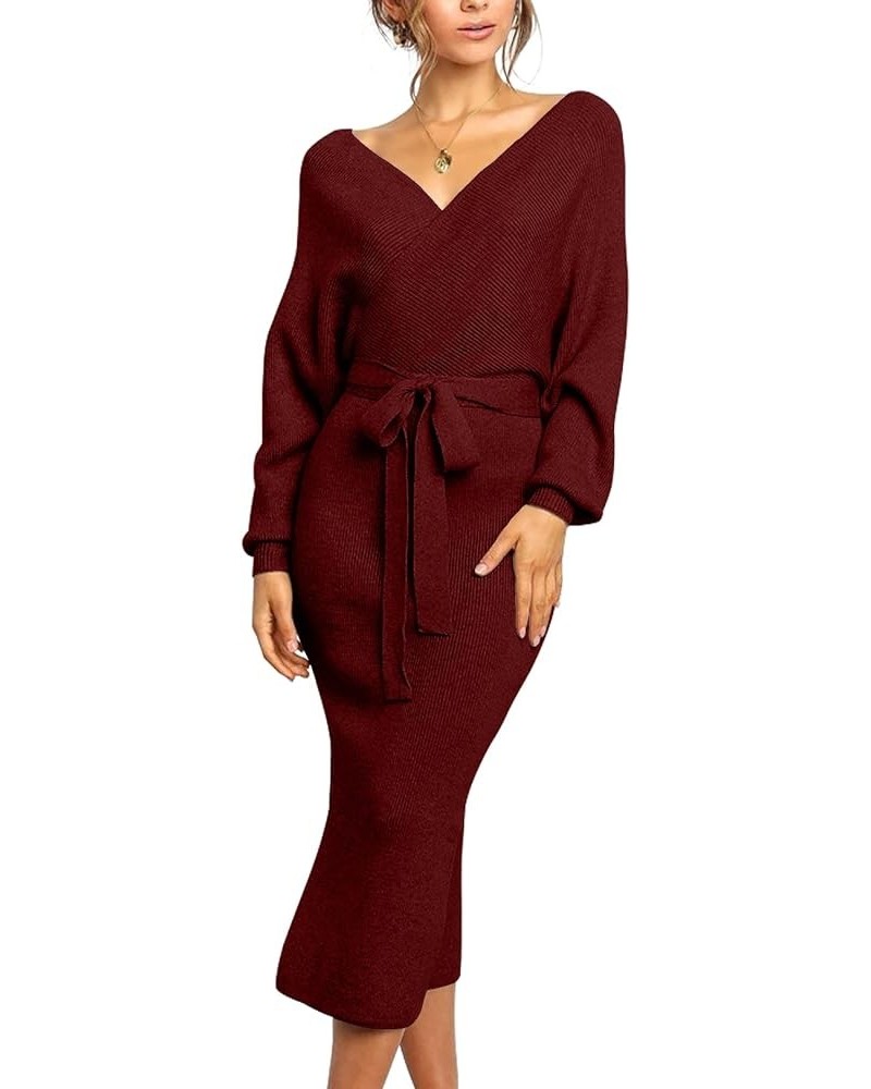 Women's V Neck Sweater Dresses Batwing Long Sleeve Backless Bodycon Dress with Belt Wine Red $24.39 Sweaters