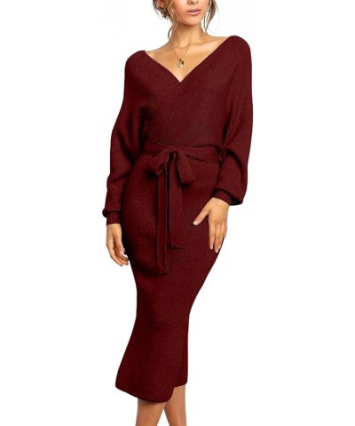 Women's V Neck Sweater Dresses Batwing Long Sleeve Backless Bodycon Dress with Belt Wine Red $24.39 Sweaters