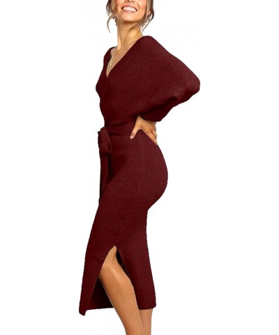 Women's V Neck Sweater Dresses Batwing Long Sleeve Backless Bodycon Dress with Belt Wine Red $24.39 Sweaters