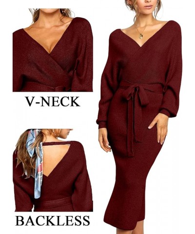 Women's V Neck Sweater Dresses Batwing Long Sleeve Backless Bodycon Dress with Belt Wine Red $24.39 Sweaters