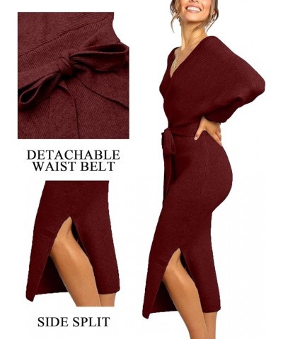 Women's V Neck Sweater Dresses Batwing Long Sleeve Backless Bodycon Dress with Belt Wine Red $24.39 Sweaters